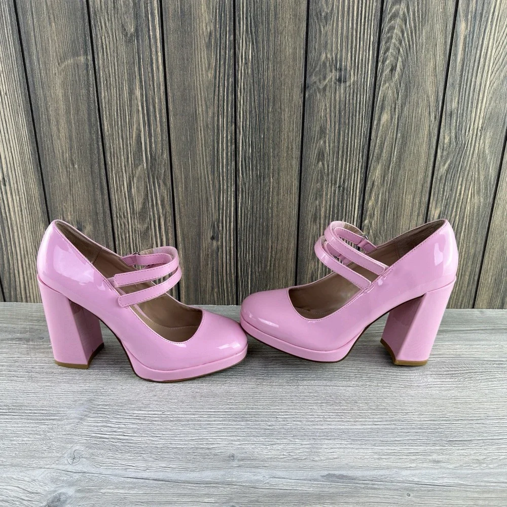 Steve Madden Womens 7.5 Pink Patent Mary Jane Platform Block Heel Pumps